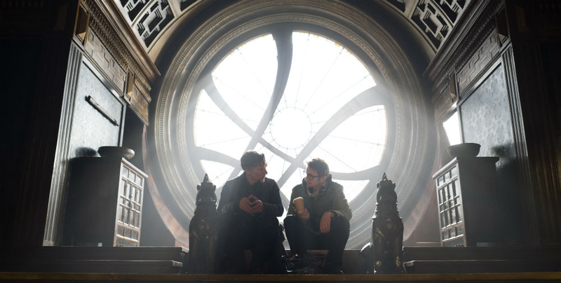 Cumberbatch and Derrickson share a moment in the Sanctum Sanctorum.